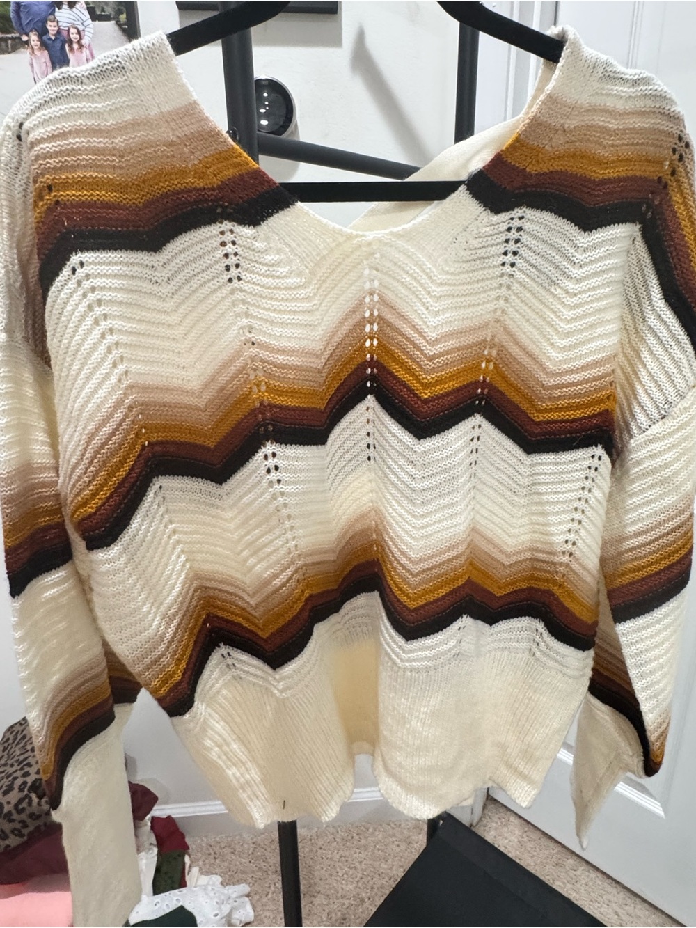 Chunky Chevron Knit Sweater in Cream with Brown & Mustard Stripes